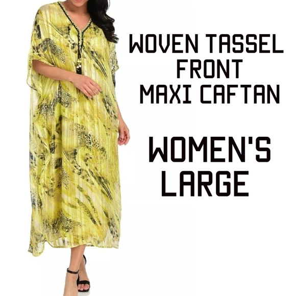 Women's Printed Woven Tassel Front Maxi Caftan Large - Picture 1 of 10